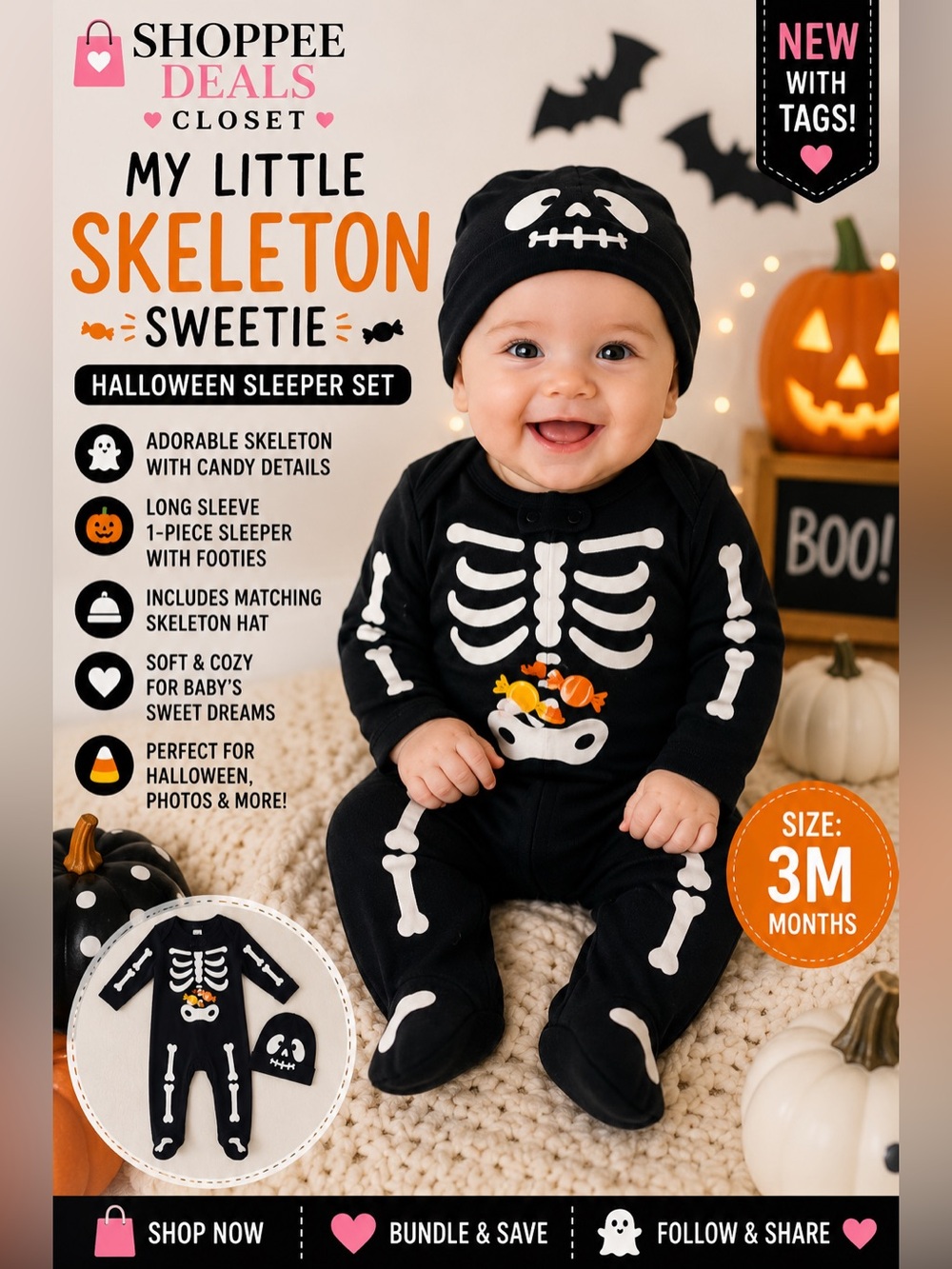 Carter’s Halloween Skeleton Candy Sleeper & Hat Set Baby 3M NWT